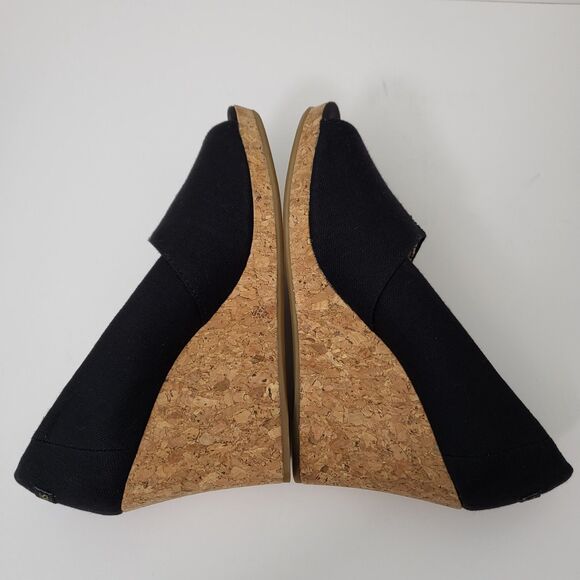 TOMS Michelle Peep Toe Wedge Cork Heels Womens 6.5 M Black Canvas Sandals - Picture 8 of 10
